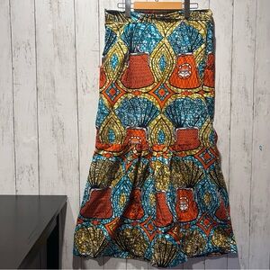 Handmade African Wax Print Skirt Hip-Hugging Bright Orange Turquoise Gold Small